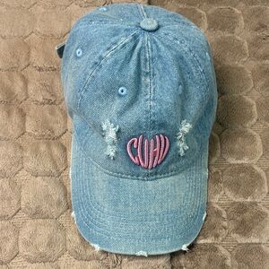 Denim Distressed Baseball Cap with Pink Heart Monogram